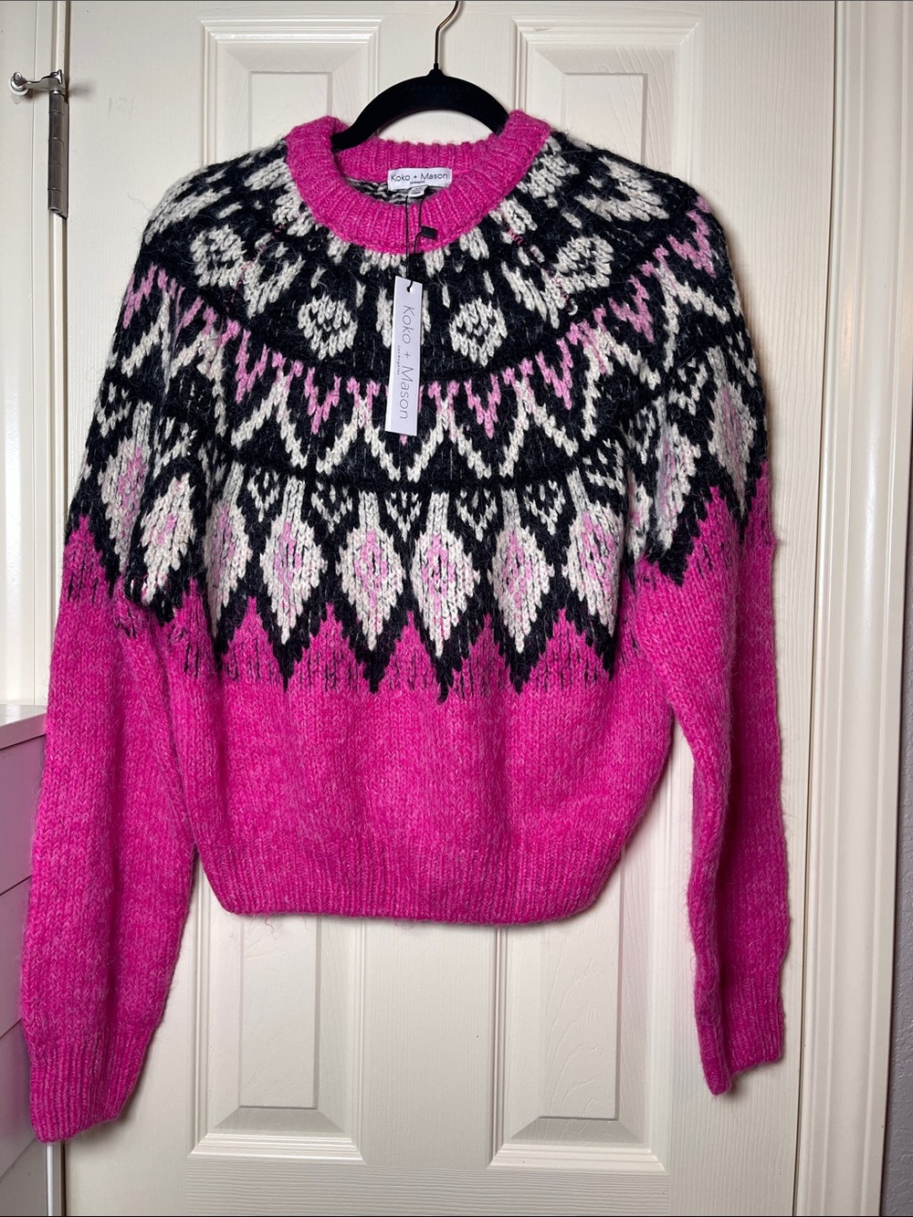 Koko + Mison Hot Pink Fair Isle Crewneck Sweater